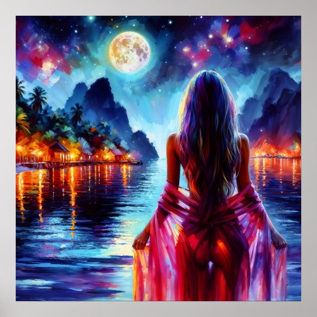 Poster Mystic woman under full moon reflections art (Devant)