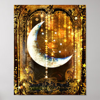 Poster Mystical Vintage Gold Moon Crystals