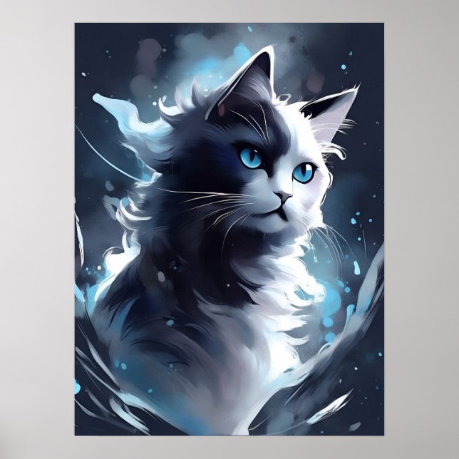 Poster Mystique Kitten noir et blanc | Chat d'aquarelle (Devant)