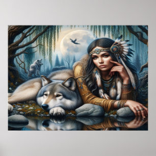 Poster Mystique Une Américaine Autochtone Avec Loups 24x1