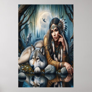 Poster Mystique Une Américaine Autochtone Avec Loups 24x3