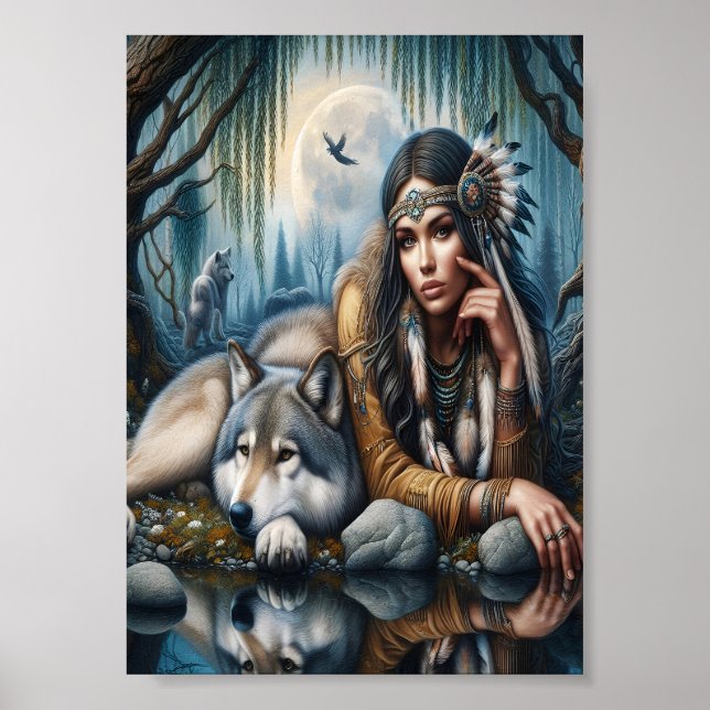 Poster Mystique Une Femme Amérindienne Avec Des Loups 7x5 (Devant)