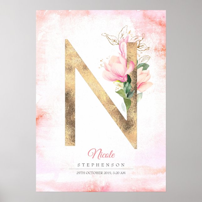 Poster N Lettre Feuilles d'or Monogram rose Magnolia Flor (Devant)