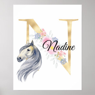 Poster N lettre nom personnalisé monogramme avec cheval