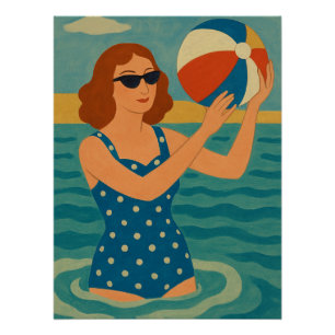 Poster Nageur vintage avec ballon de plage