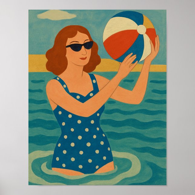 Poster Nageur vintage avec ballon de plage (Devant)