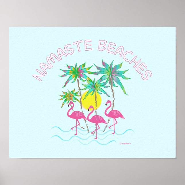 Poster Namaste Beach Flamants roses Zen Yoga Fun Art Post (Devant)
