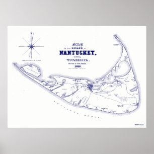 Poster Nantucket Island MA Vintage Map Navy Blue