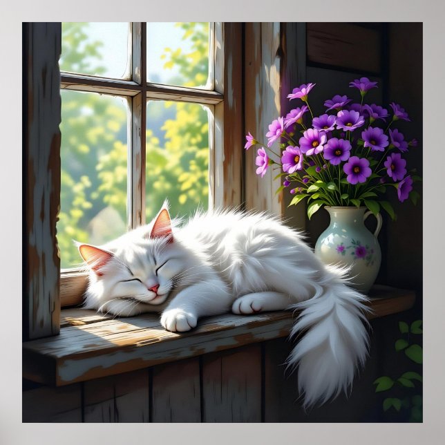 Poster Napping White Cat and Purple Flowers  (Devant)