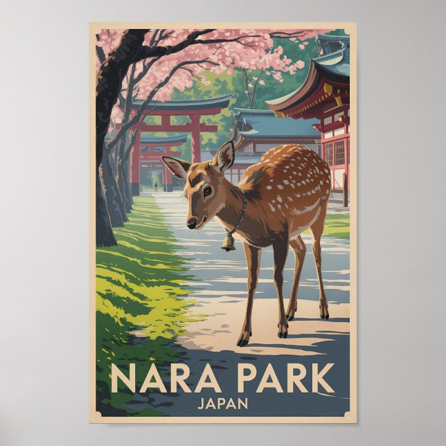 Poster Nara Park Japan Deer Illustration Travel Art Retro (Devant)