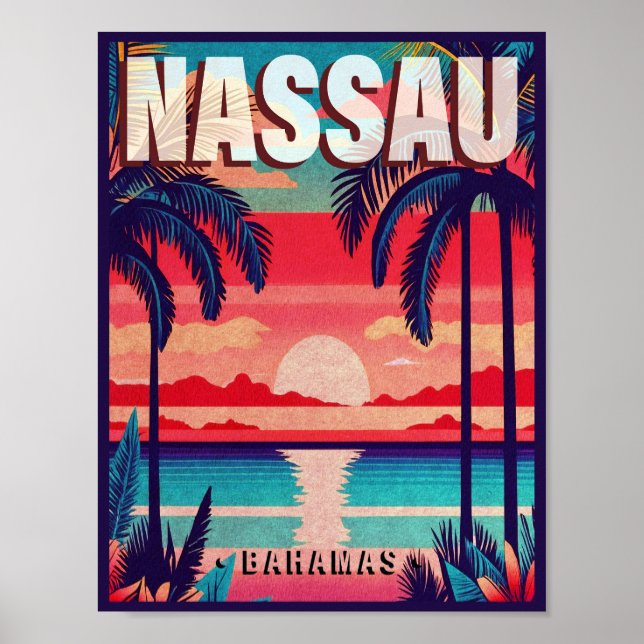 Poster Nassau Bahamas Retro Sunset Souvenir 1950 (Devant)