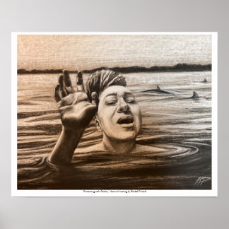 Poster Natation avec requins, dessin de Rachel Dolezal