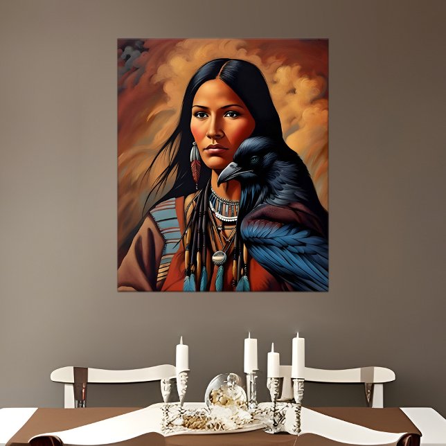 Poster Native American Raven Spirit Animal Woman Portrait (Native American woman portrait with Raven spirit animal)