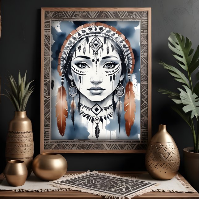 Poster Native American Woman Portrait Feather Headdress (Native American Woman Watercolor Effect Portrait with Feather Headdress Poster.)