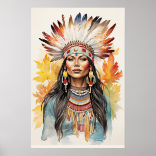 Poster Native American Woman Watercolor Art