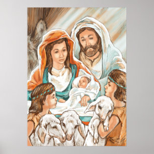 Poster Nativity Painting with Little Shepherd Boys