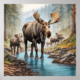 Poster *~* Nature AP49 MOOSE HERD Forest STREAM