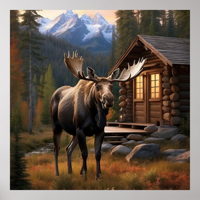 Poster *~* Nature AP49 MOOSE Woods Forest Dusk Mountains (Devant)