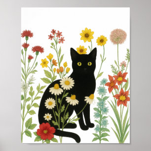 Poster Nature botanique – Chat noir dans un jardin de fle