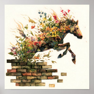 Poster Nature Botanique Cheval Floral Jumping
