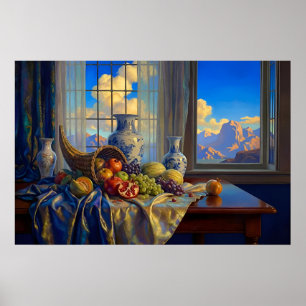 Poster Nature morte avec fenêtre bleue et pics lointains