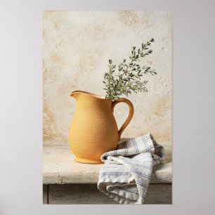 Poster Nature morte avec pot ochre et linge rayé bleu