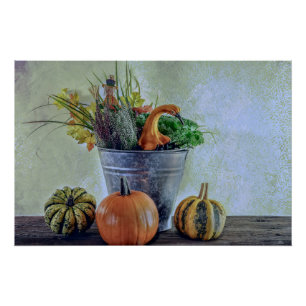 Poster Nature morte d'automne avec citrouilles, fleurs