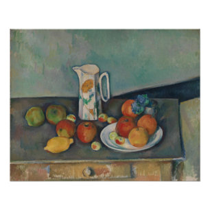 Poster Nature morte, pichet de lait et fruits sur une tab