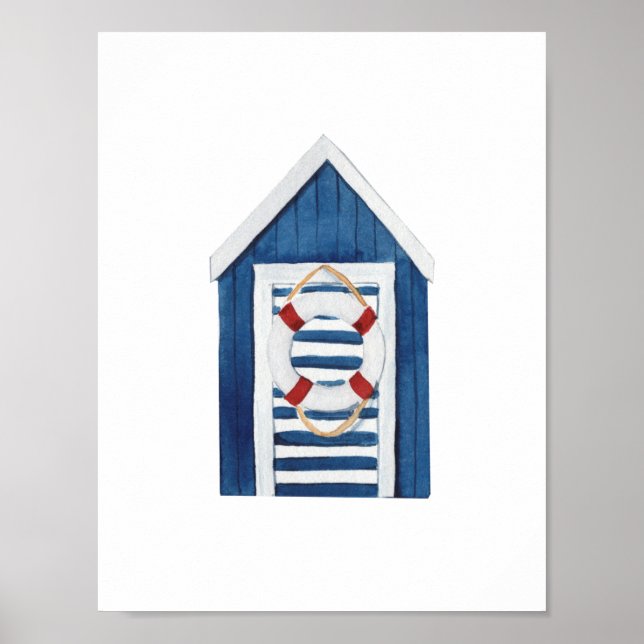 Poster Nautical Beach Blue Beach Hut Holiday Nursery (Devant)