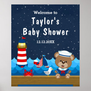 Poster Nautical Boy Bear Red Navy Baby shower Bienvenue