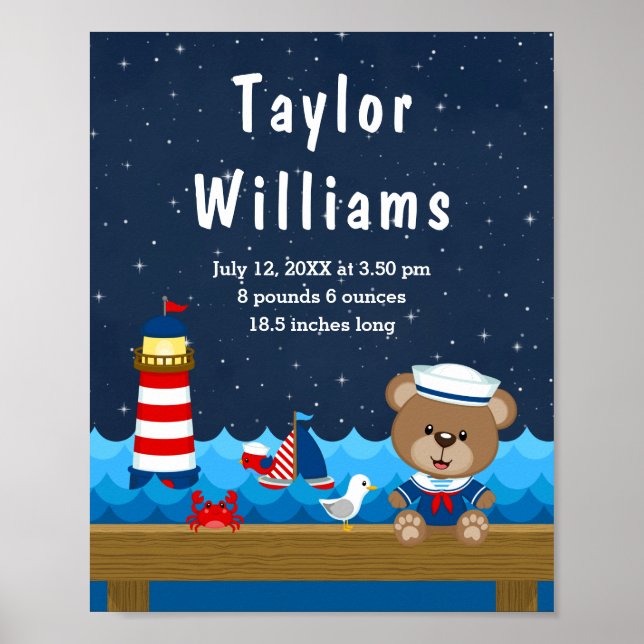 Poster Nautical Boy Bear Statistiques de naissance de la  (Devant)