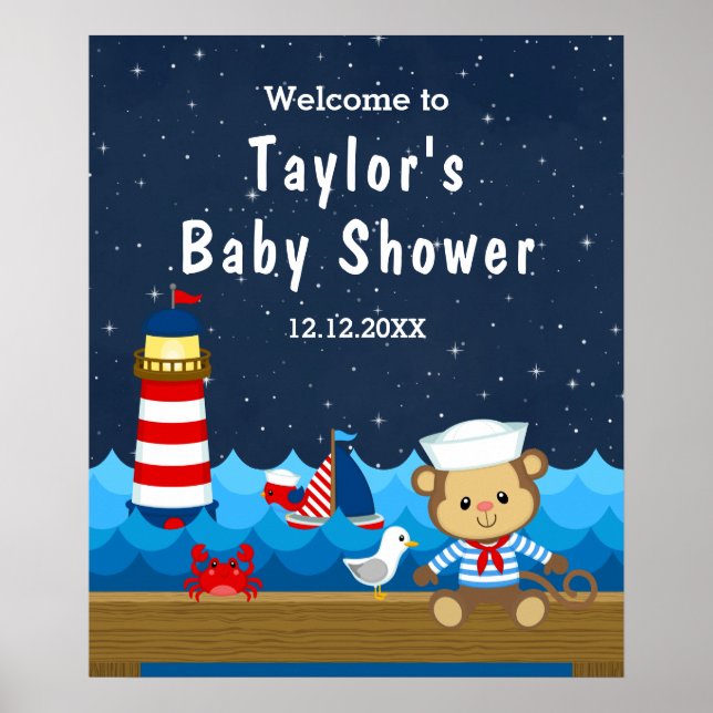 Poster Nautical Boy Monkey Red Navy Baby shower Bienvenue (Devant)
