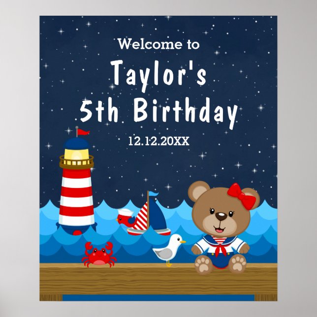 Poster Nautical Girl Bear Red Navy Anniversaire Bienvenue (Devant)