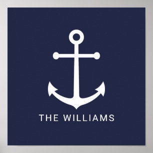 Poster Nautical White Anchor and Custom Name on Navy Blue