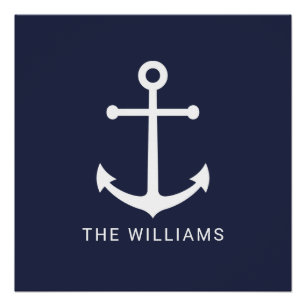 Poster Nautical White Anchor and Custom Nom on Navy Blue