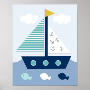 Poster Nautique Bleu Turquoise Gris Nailboat Nursery Art