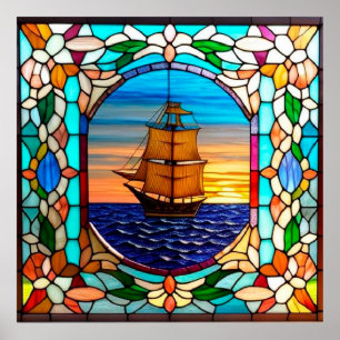 Poster Navire à voiles au coucher du soleil