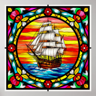 Poster Navire à voiles en haute mer au coucher du soleil