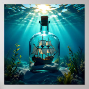 Poster Navire dans une bouteille dans l'océan