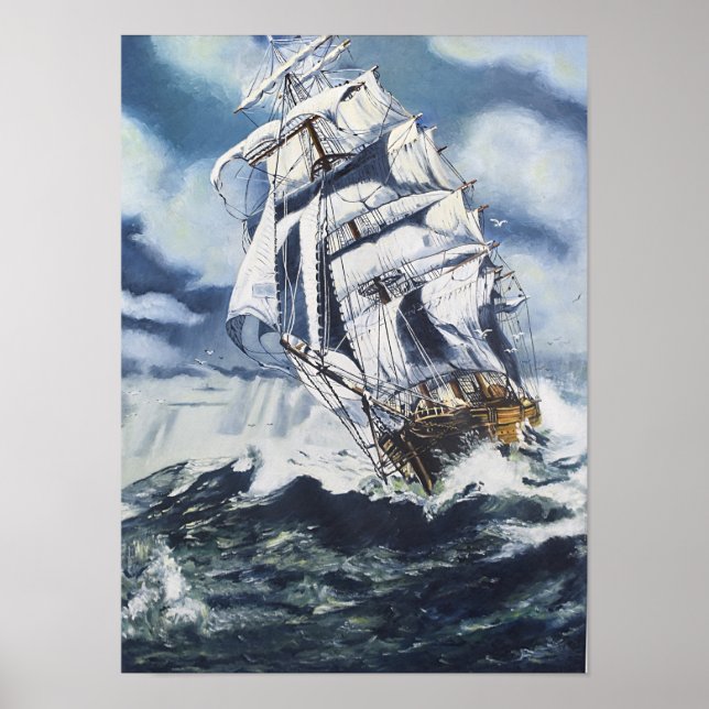 Poster Navire nautique sur la peinture océanique (Devant)