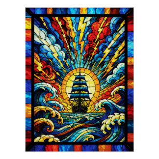 Poster Navire naviguant à travers la tempête
