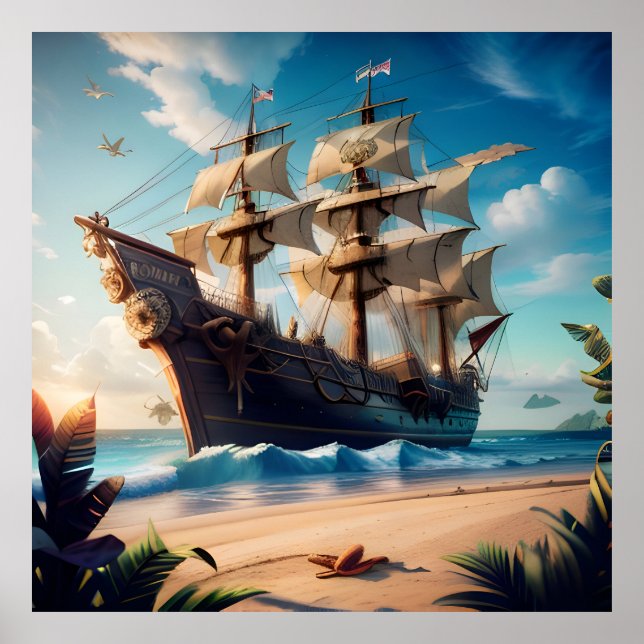 Poster Navire pirate de plage tropicale (Devant)