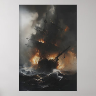 Poster Navire Pirate en Feu dans l'Océan Orageux Gothique
