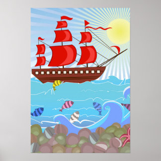 Poster Navire pirate rouge illustré