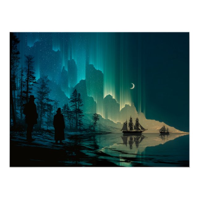 Poster Navires sous le croissant de lune et aurores boréa (Devant)