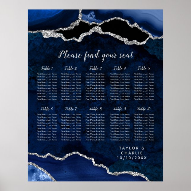 Poster Navy Blue and Silver Agate Wedding Seating Chart (Devant)