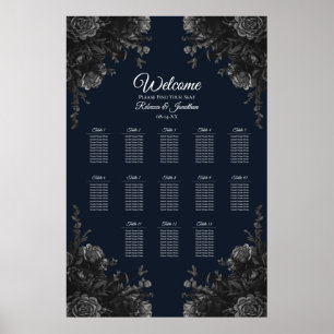 Poster Navy Blue Black Grey Gothic Wedding Seat Chart