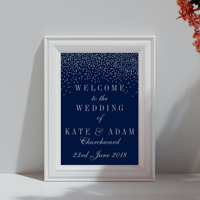 Poster Navy Blue et Glam Silver Confeti Wedding Welcome (Créateur téléchargé)