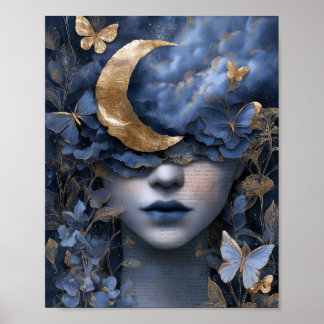 Poster Navy Blue Gold Fantasy Surreal Moon Woman Wall Art