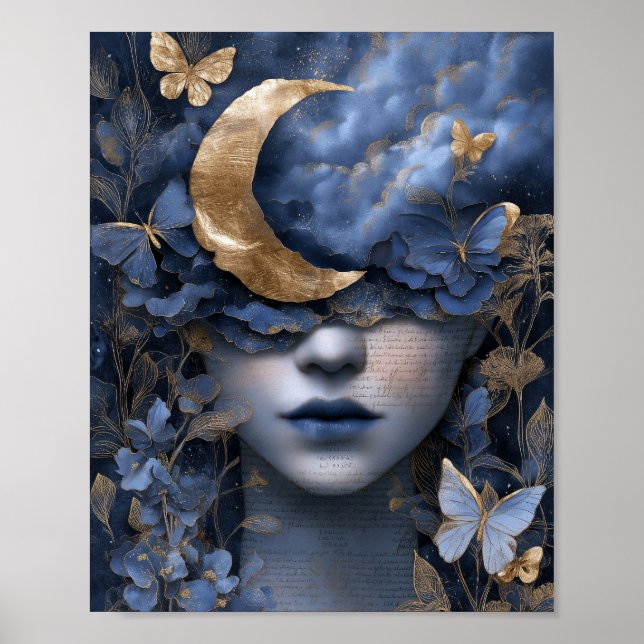 Poster Navy Blue Gold Fantasy Surreal Moon Woman Wall Art (Devant)